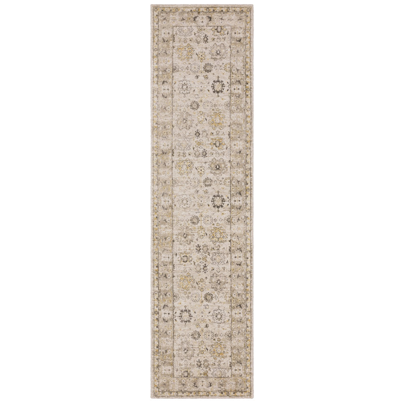 Tapis oriental beige / doré en laine fabriqué à la main Eiligio, Tapis de couloir 2 pi 6 po x 10 pi