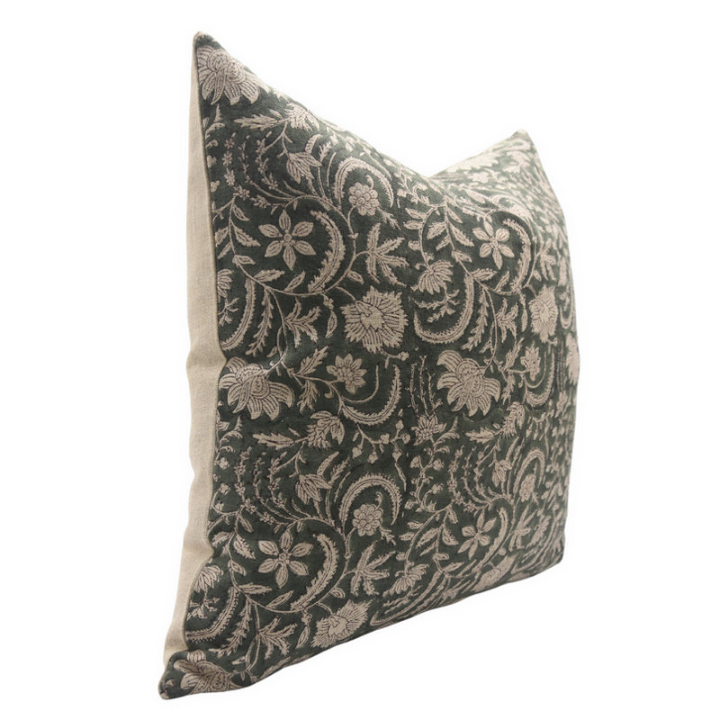 Green and Beige Floral Linen Block Print Pillow Cover 24x24