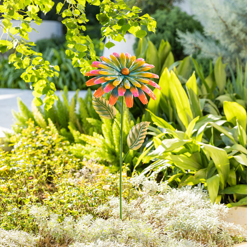 41"H Red And Green Garden Metal Flower Garden Stake, Green/Yellow/Orange