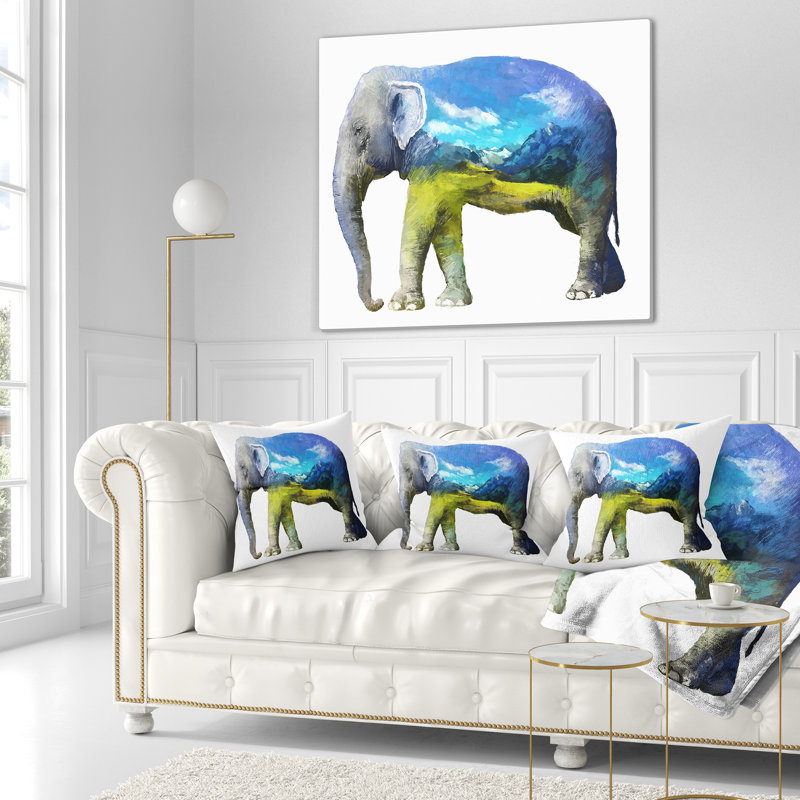 Coussin d’illustration à double exposition animal éléphant, 16 po x 1 po, Polyester/ bourre en polyester