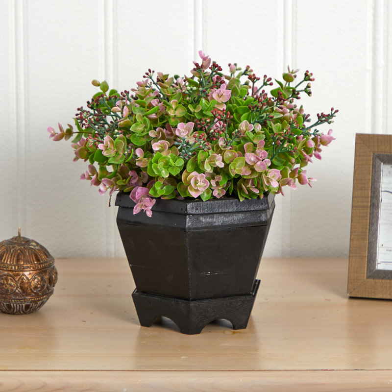 13'' Purple and Green Faux Eucalyptus and Sedum Plant in Black Planter