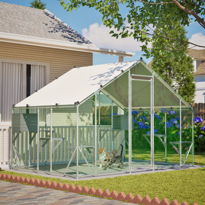 3x2 M Outdoor Metal Cat Cage with Wooden Jumping Platforms and Dual Safety Locks for Cats, Dogs, Rabbits, and Poultry