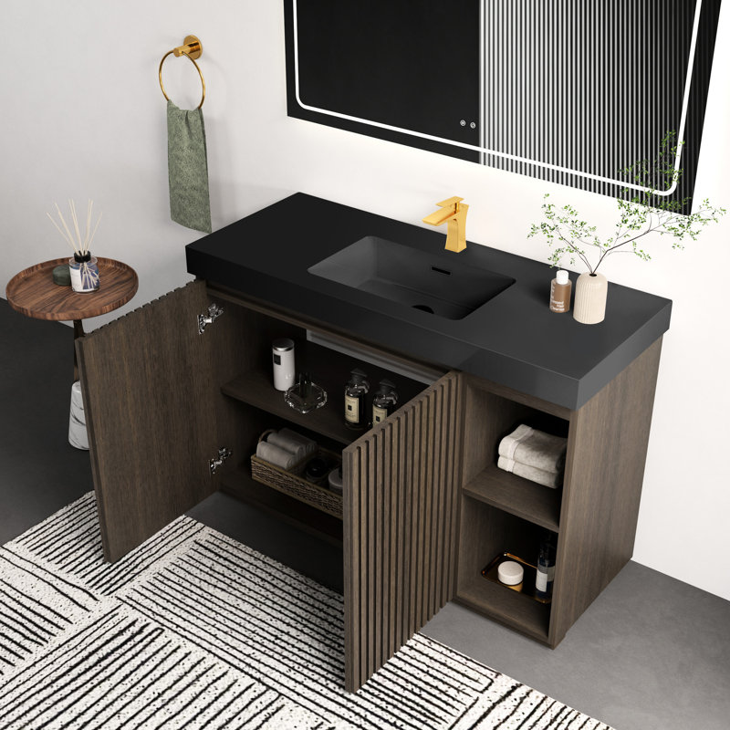 Meuble-lavabo autoportant de 48 po en chêne fumé, esthétique contemporaine, bois massif multi-niveau E1, finition usée, armoire à deux portes, tablettes réglables, meuble-lavabo silencieux avec une pièce