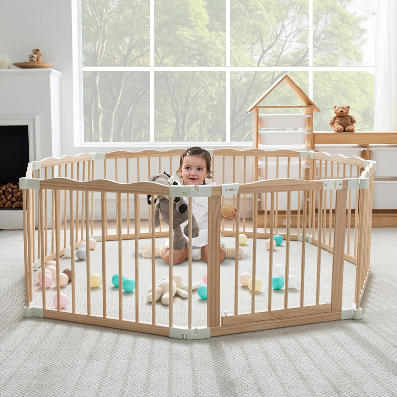 Parc pour bébé pliable en bois massif avec plateau en forme de vague, H 24 po x l 58 po x P 58 po