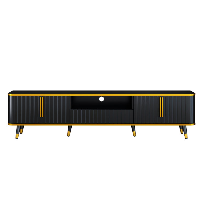 Tv Stand For 85" Tvs, Black And Gold Design, Storage Options, Entertainment Furniture Contemporary Open Shelf, Cabinets, Drawer, Golden Style