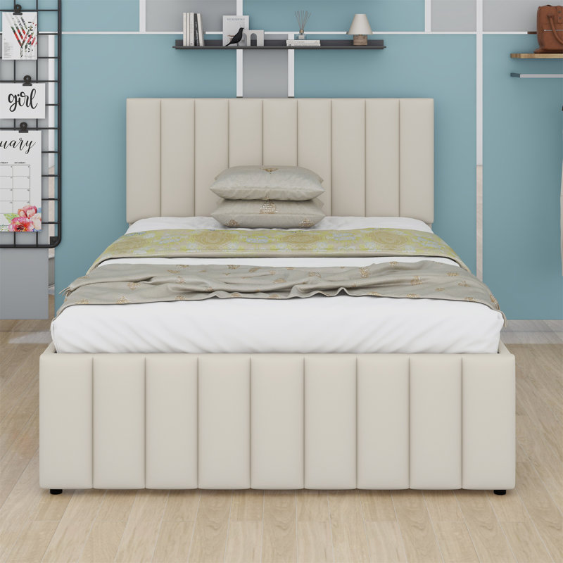 Lit plateforme tapissier avec lit gigogne et 3 tiroirs, Beige