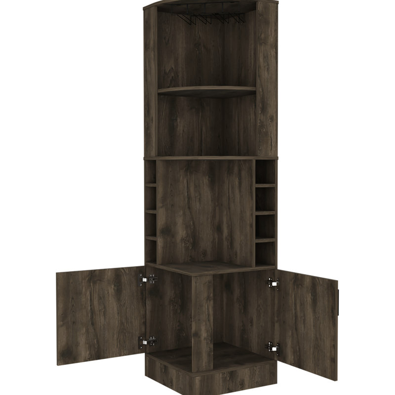 Dark Brown Bar Cabinet For 8 Bottles, With Extra Storage And Display Space 2-Shelf Offering Concealed Organized, Brown