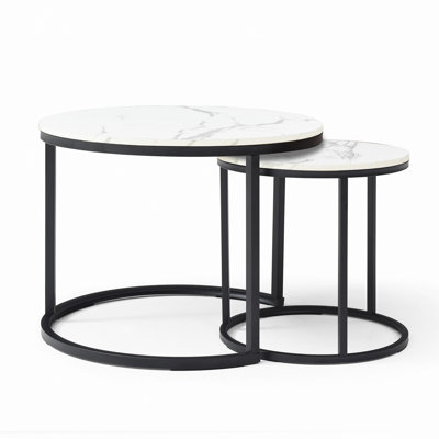 Set 2 Coffee Table Nesting Circular Round And Marble Pattern Wooden Tables