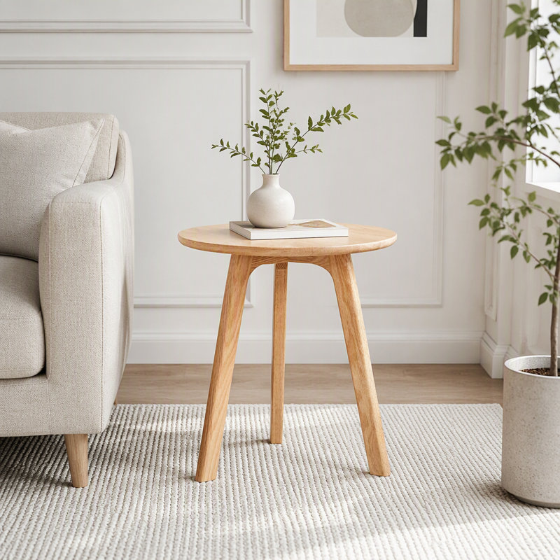 Table d'appoint ronde 100 % chêne massif avec un design à trois pieds pour une stabilité accrue, Naturel
