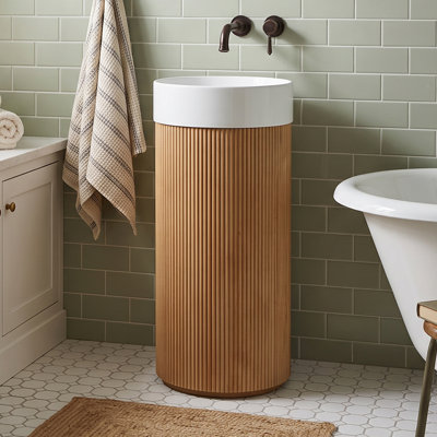 16" Freestanding Cylindrical Cabinet, White Round Solid Surface Basin｜Natural Woodgrain ｜NO Sink Cover, NO Faucet and Drain Set
