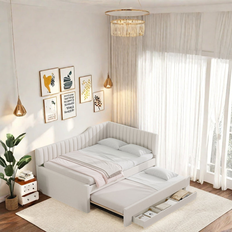 Elegant Multifunctional Daybed With Trundle And Drawers - Solid Wood Frame, Linen Upholstery, Space-Saving Sofa Bed For Living Room, Guest Room, Kids & Dorm