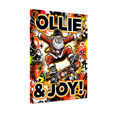 Père Noël faisant de la planche à roulettes «Ollie and Joy Christmas Pop Art», reproduction d'art sur toile tendue sur toile, ensemble de 1
