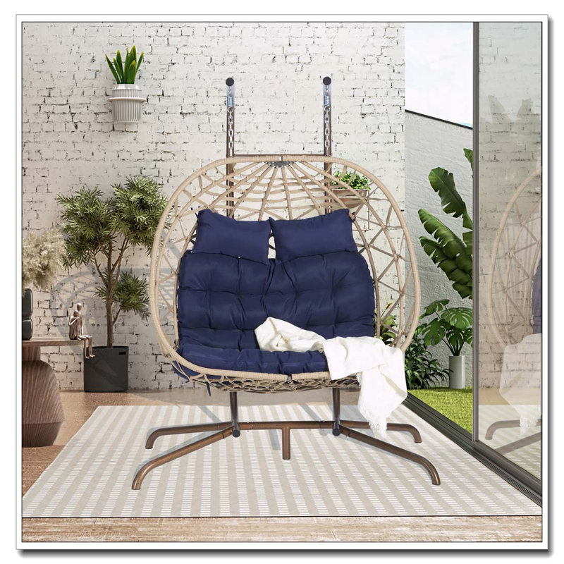 Double fauteuil à œufs suspendu avec support et coussins résistants aux rayons UV, bleu foncé, Bleu très foncé, Naturel