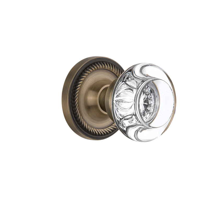 Rope Rosette with Round Clear Crystal Door Knob, Antique Brass, 2-3/8”
