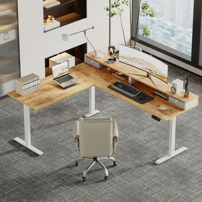Bureau debout électrique en L à hauteur ajustable de 75 pouces avec tiroirs et tablette pour écran, bureau de coin ergonomique avec crochets et gestion des câbles, noir