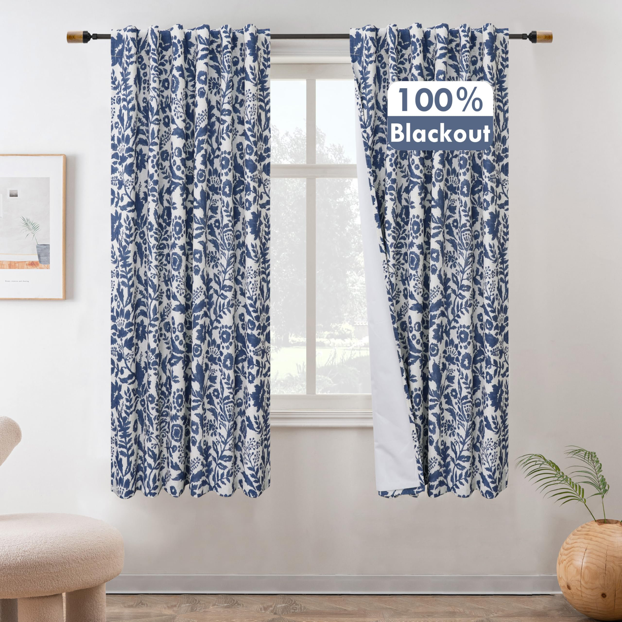 Lark Manor™ 100% Blackout Linen Floral Patterned Curtains Double Layer ...