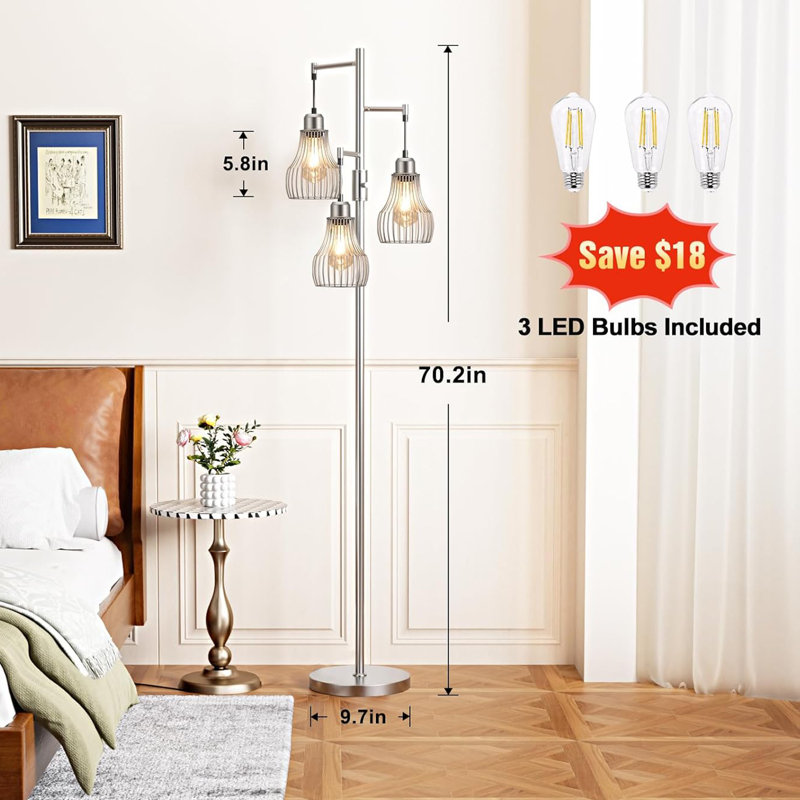 Dimmable Floor Lamps, Industrial Tree Standing Tall Lamps With 3 Elegant Cage Shade & 800 Lumens Led Bulbs, Silver