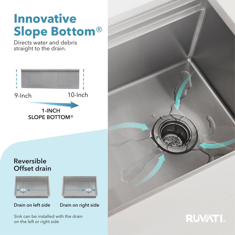 Ruvati 27-inch Workstation Slope Bottom Offset Drain Undermount 16 Gauge Kitchen Sink, Silver