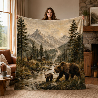 Rustic Bear Blanket with Cub and Elk, Mountain Forest Flannel Throw, Vintage Cabin Wildlife Scene with Pine Trees and Creek for Couch Bed Lodge, 30 x 40 in