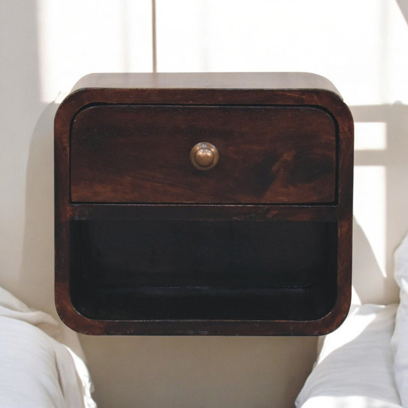 Artisan Furniture Solid Wood Mini Wall Mounted Bedside With Open Slot, Walnut