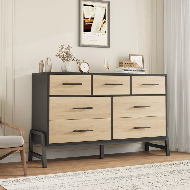 Commode à 7 tiroirs l 52 po Mangu, commode large avec rangement, commode en bois pour commode pour chambre, Anthracite
