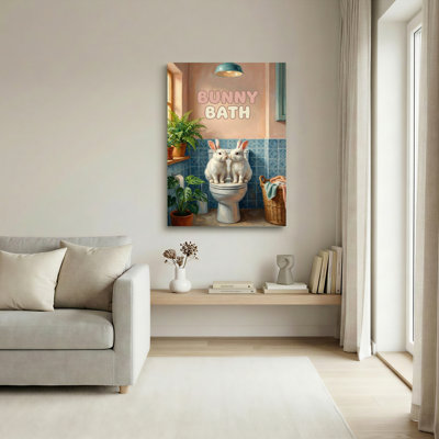 Bunny Bath Oil Painting Print Canvas Wrapped Wall Art Featuring Two White Rabbits On Toilet In Bathroom Scene With Plants And Blue Tiles For Home Decor Living Room Or Bathroom Artwork