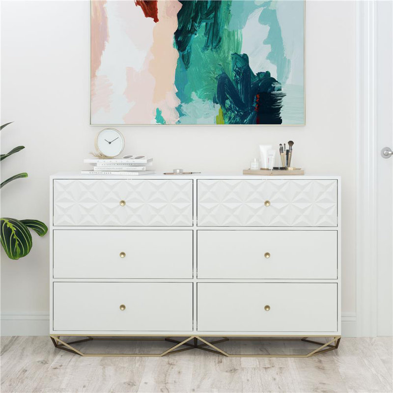 White Double 6-Drawer Dresser with Gold Accents
