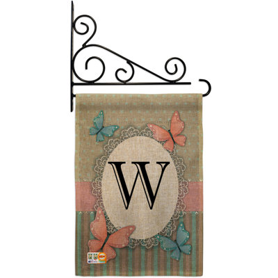 Papillons et initiale 2 côtés en toile jute 19 x 13 po drapeau de jardin