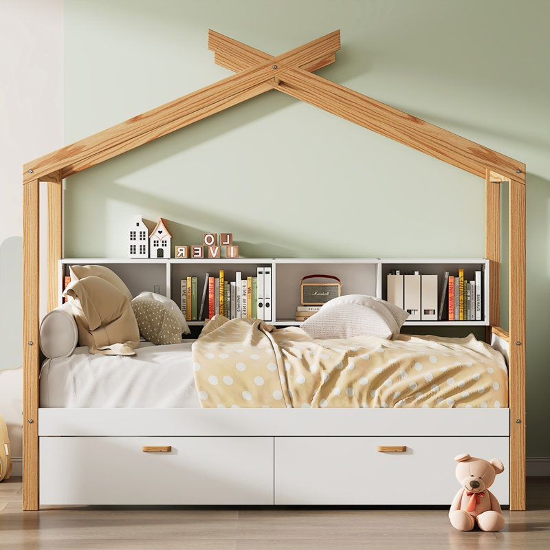 Cadre de lit en bois original avec deux tiroirs et bibliothèque