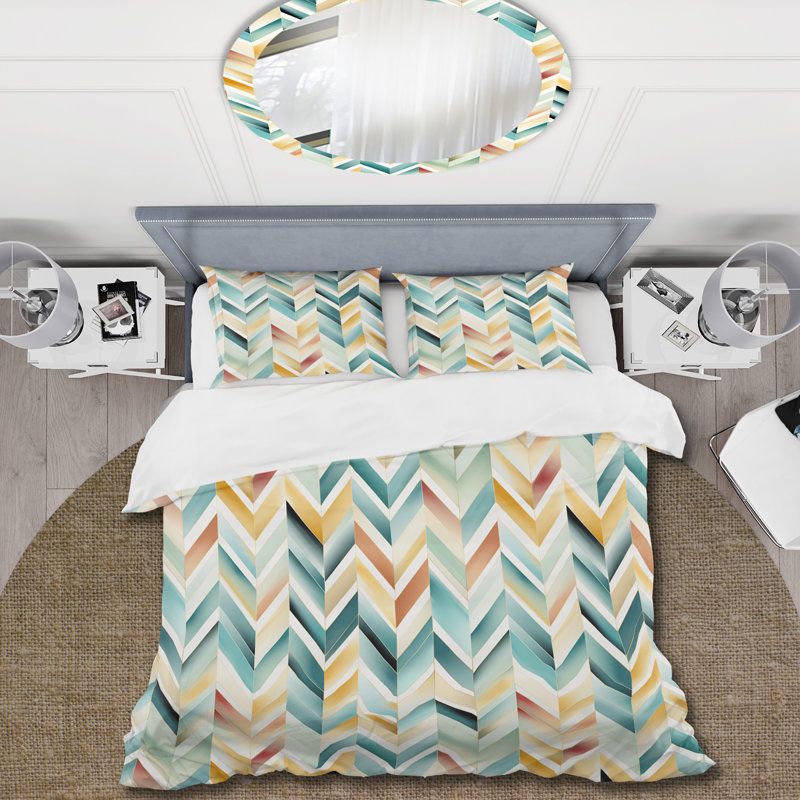 Ensemble de housse de couette à chevrons vintage en émeraude et beige Boho - microfibre de polyester