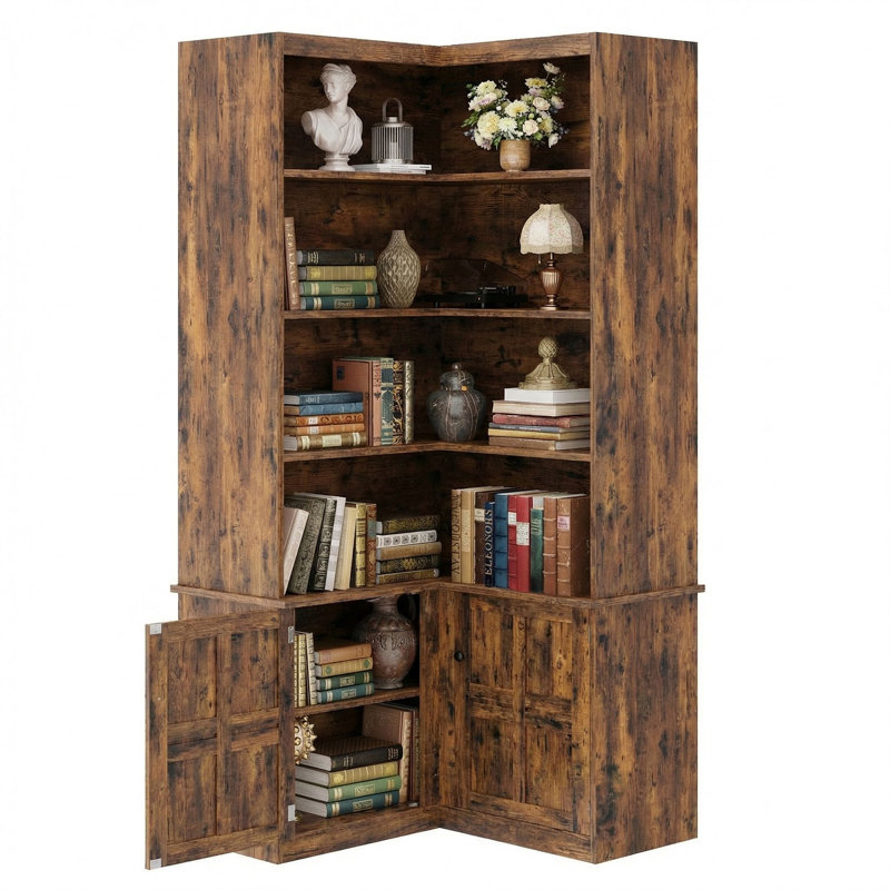 Bibliothèque d'angle 82,6 "avec portes, grande bibliothèque d'angle à 6 niveaux, Brun rétro