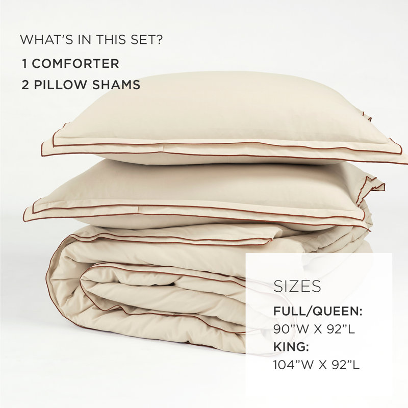 Hampton Double Flange Embroidered Contrast Edge Comforter 3 Pieces Set, King Comforter + 2 King Shams, Beige