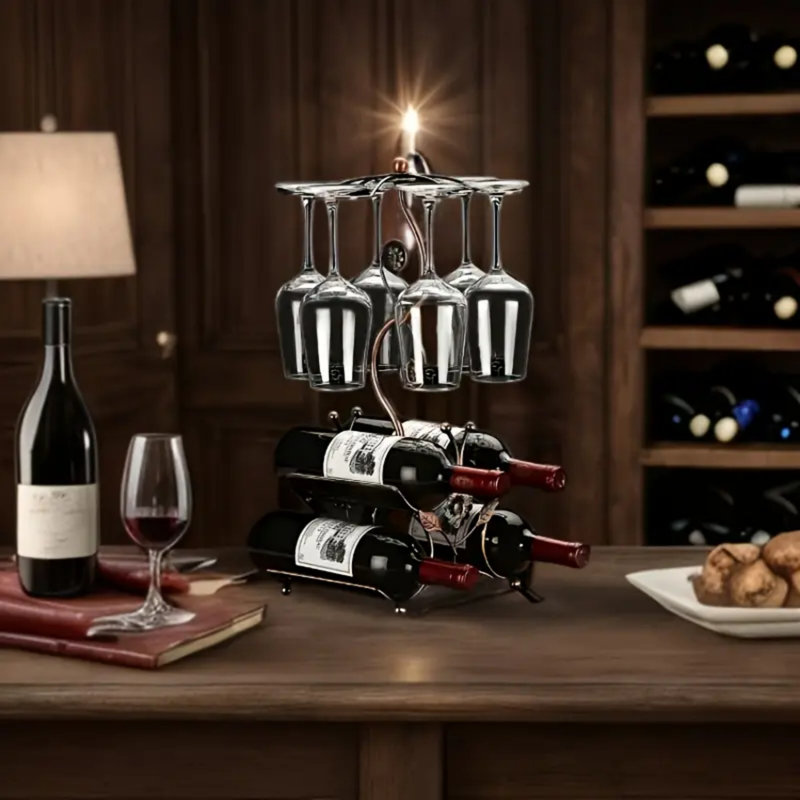 Support à vin et porte-verres à vin - peut contenir 4 bouteilles de vin et 6 verres - parfait pour la décoration de la cuisine et le support de rangement de la cuisine, l'organisation de la cuisine, le rangement élégant