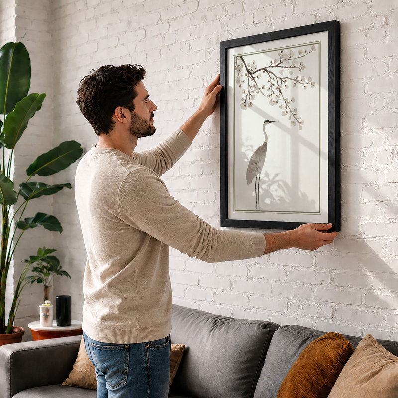 Heron and Cherry Blossom Japandi - Framed Print, Black, A3 - 42.0 x 29.7 cm