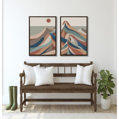 Mid Century Modern Mountains Blue by Rachel Lee 3 Birdies Studio Framed Canvas Wall Art Set