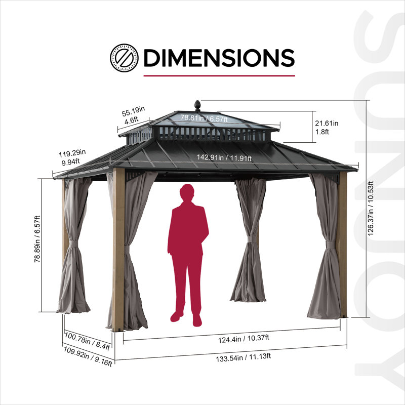 SUNJOY Kingston 12x10 Gazebo, Steel & PC Roof Hardtop Gazebo with Curtain and Netting - Cedar Posts, 12x10