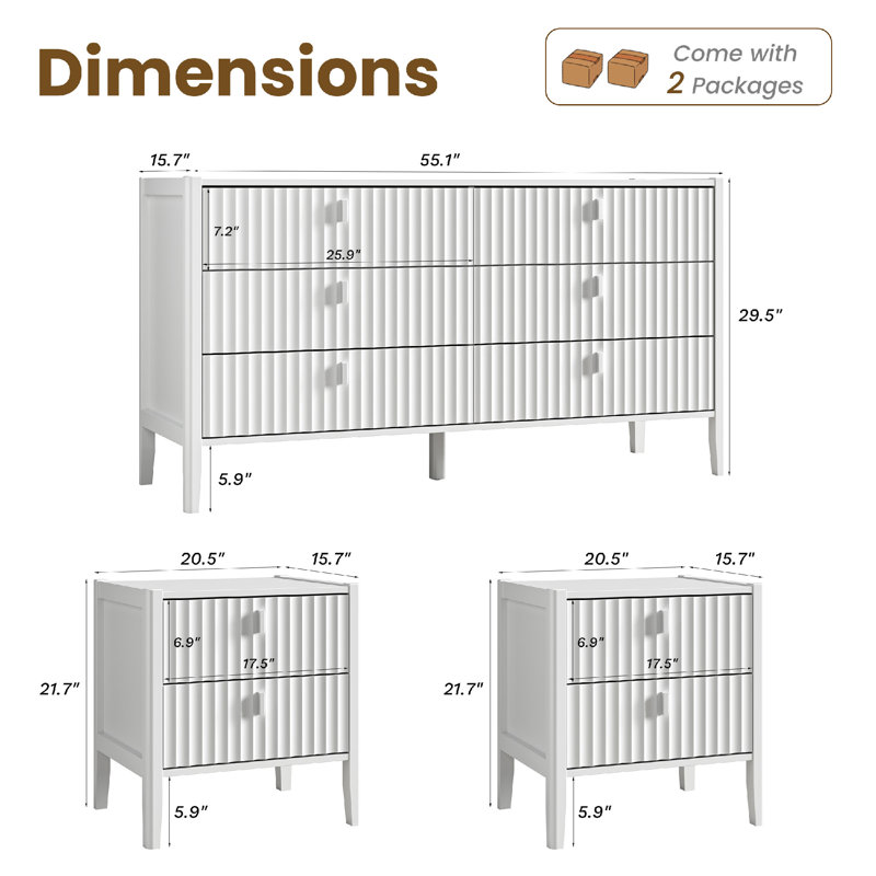 3 Piece Bedroom Set, 6 Drawer Dresser And Nightstand Set Of 2, White