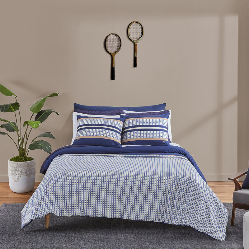 Lacoste Micro Logo Cotton King 3-Piece Navy Comforter Set, King Comforter + 2 Shams, Navy/Micro Logo