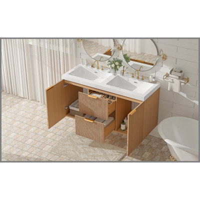 Meuble-lavabo double 47,24 pouces avec comptoir en bois massif, armoire en panneau de fibres à densité moyenne, portes à fermeture en douceur, tiroirs divisés, meuble-lavabo mural moderne