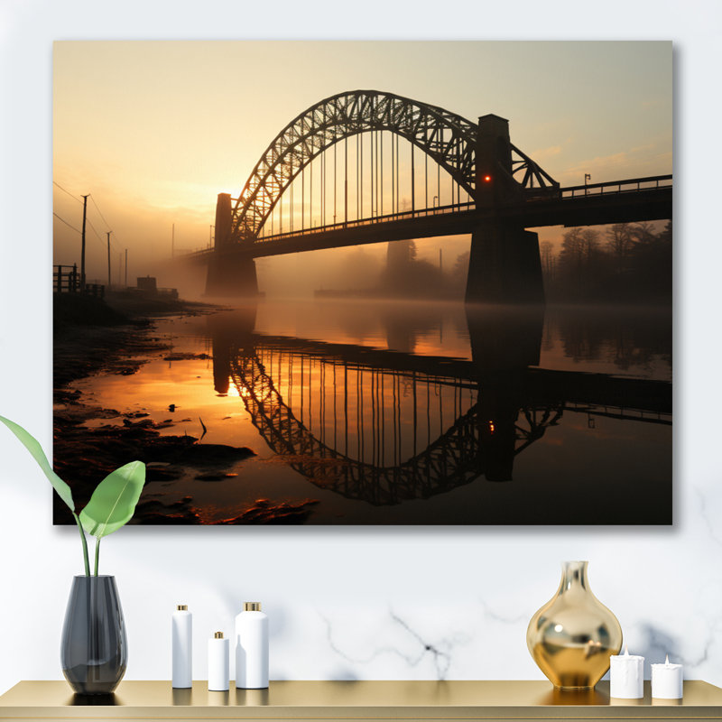 Orange Bridge At Dawn - Architecture Wall Decor, H 24 po x l 32 po x P 1 po, Toile tendue