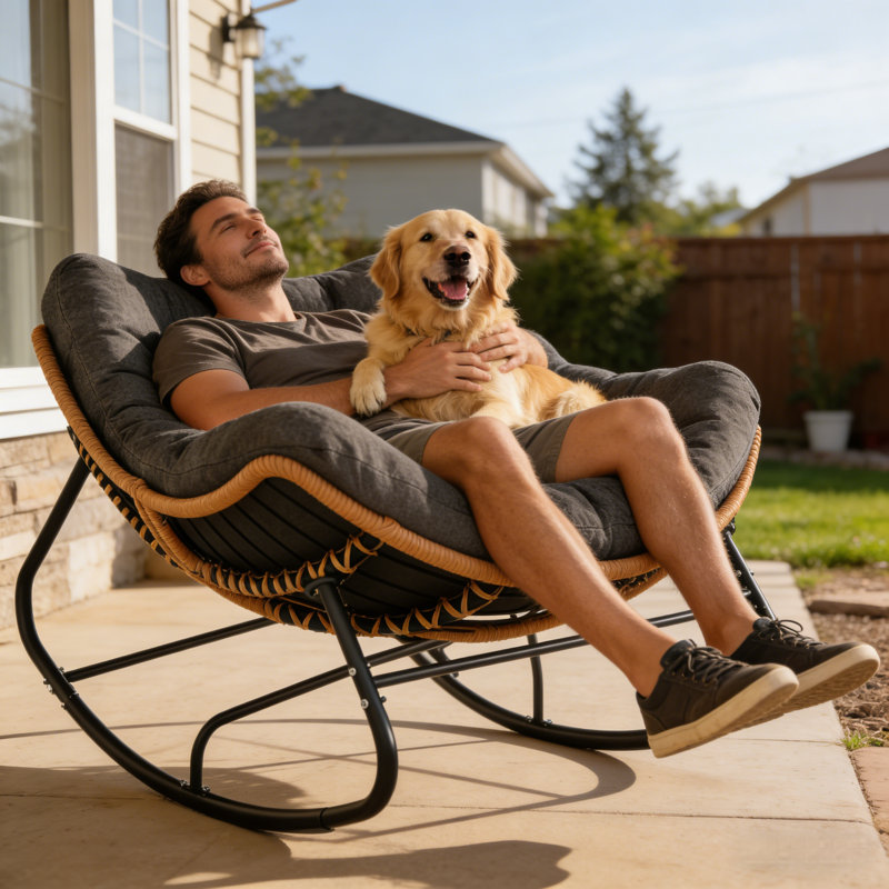 Chaise berçante d'extérieur en osier moderne avec design Papasan et coussin moelleux, Gris