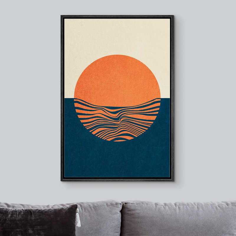 Abstrait, blocs de couleurs vibrantes, géométrique, néon, soleil orange, océan, vague, paysage, formes abstraites, illustrations, œuvre d'art moderne
