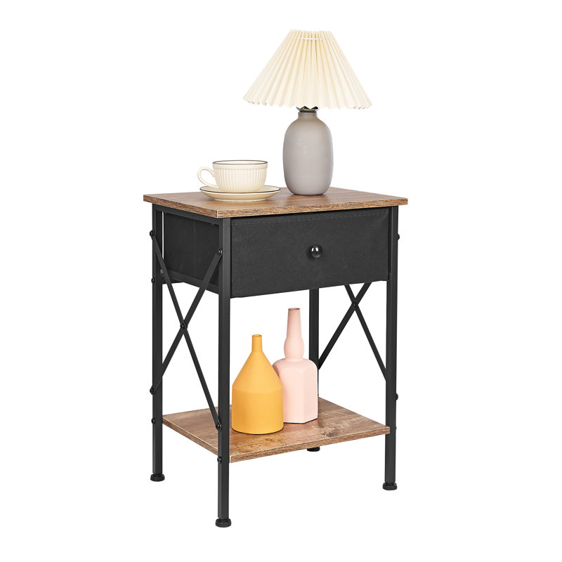 Fabric Drawer Nightstand With Open Shelf, Small Bedside Table For Bedroom, Living Room Or Dorm, Natural/Black