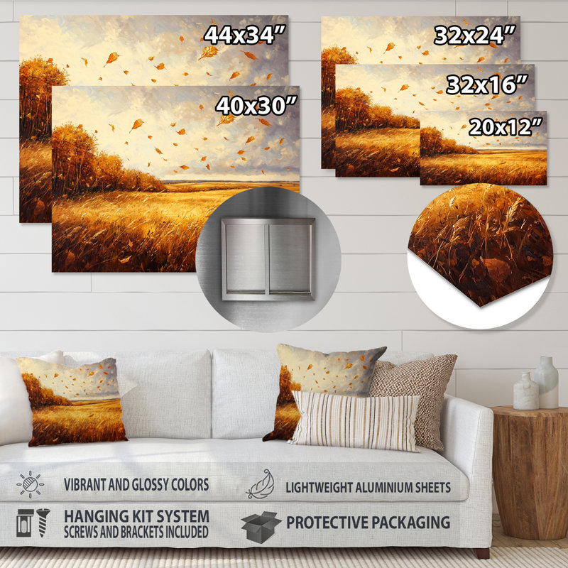 «Autumn Windy Prairie Leaves I» - art mural en métal à grandes feuilles, H 12 po x l 20 po
