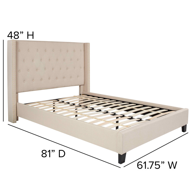 Aluino Tufted Upholstered Platform Bed w/ Accent Nail Trimmed Extended Sides, Beige, Full
