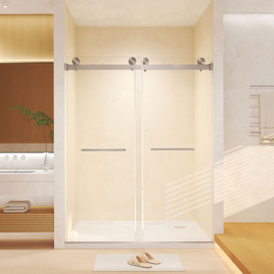 Frameless Double Sliding Shower Door 56-60 "W x 74" H, 5/16 "(8mm) Tempered Glass, Explosion Proof Film, Stainless Steel Handle, Square Tube Track,Brushed Nickel