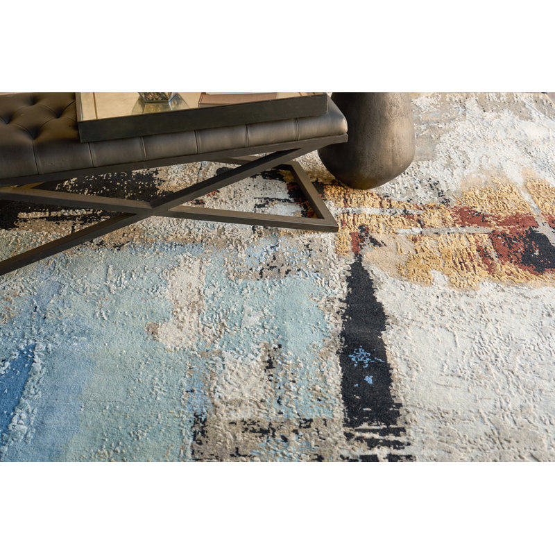 Picasso hand-knotted Wool/Silk Blue Area Rug, 10'X14'