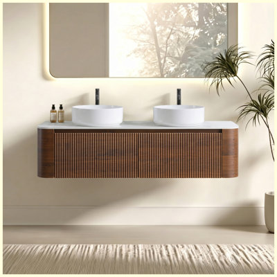 60 Inch Walnut Bathroom Vanity with Double Sinks, Wall-Mounted Bathroom Vanity Set with Free Towel Rack, Double White Ceramic Basins, Pre-Assembled, for Bathroom