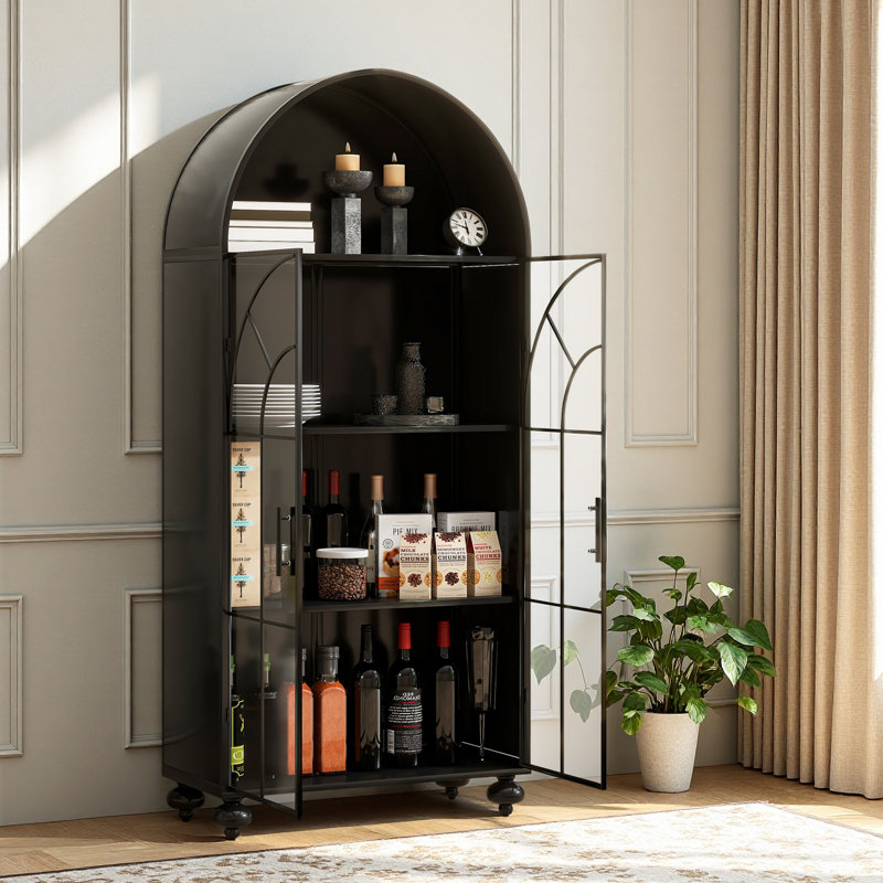 Élégante armoire de rangement arquée moderne avec portes en verre - Élégant garde-manger pour la cuisine, la salle à manger et le salon, noir antique