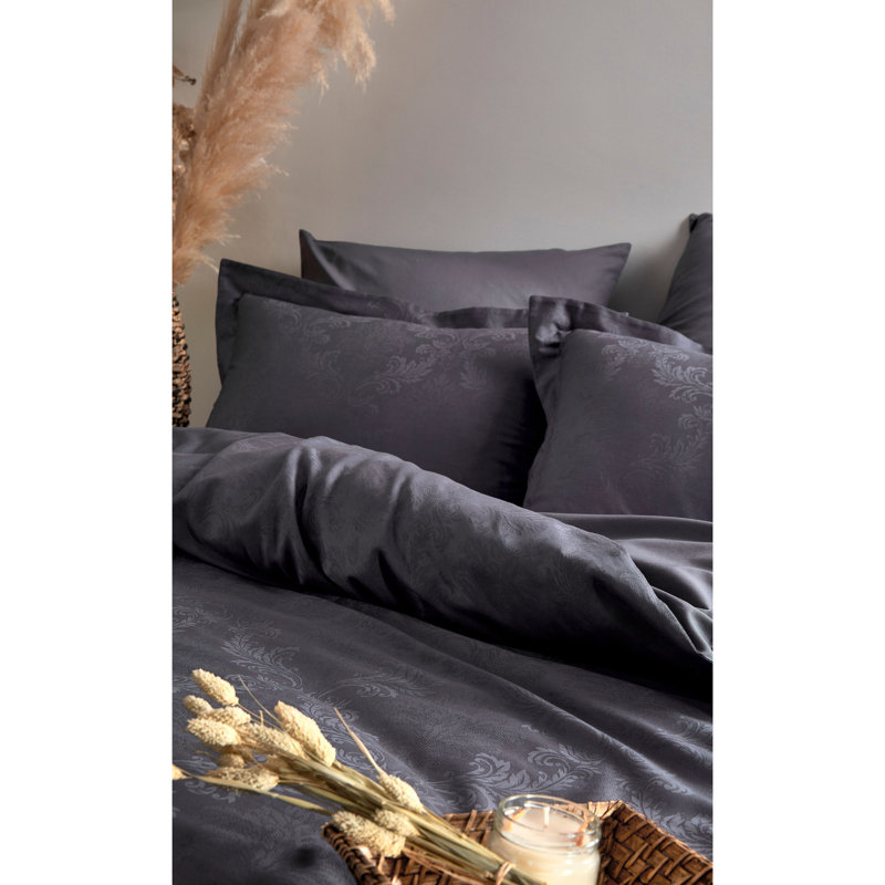 Ensemble de housse de courtepointe élégante 100% satin de coton double, gris | Comprend une housse de couette (78,7 x 86,6 po), un drap plat (94,5 x 102,4 po), 2 taies d'oreiller (19,7 x 27,6 po et 27,6 x 27,6 po) | Conception en jacquard, lavable à la machine, 210 fils, fermeture à boutons